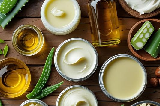 Assortiment de soins hydratants naturels - crèmes, huiles végétales et baumes disposés sur une surface en bois avec des ingrédients naturels comme l'aloe vera et le beurre de karité