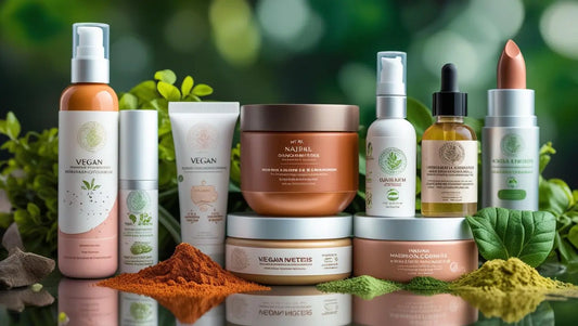 Photo de différents cosmétiques véganes sur une table avec de la poudre de différentes couleurs devant